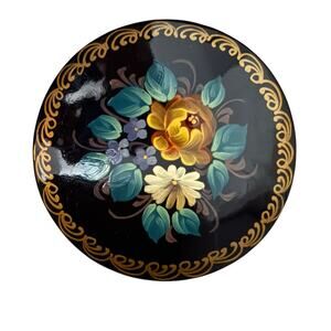 Vintage Hand Painted Floral Lacquer Brooch Pin Signed Stauf Black Gold